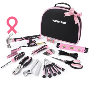 Workpro Pink Tool Kit - 236 Pieces Pink Tool Set Easy Carrying Round Pouch