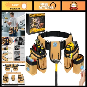 Heavy Duty Tool Belt with 27 Pockets & Magnetic Pouch, D-Rings, Utility Belt for
