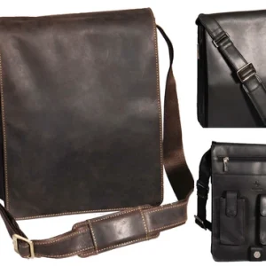 Mens Leather Messenger Bag Vintage Black Brown Flap Over Work School Uni Bag